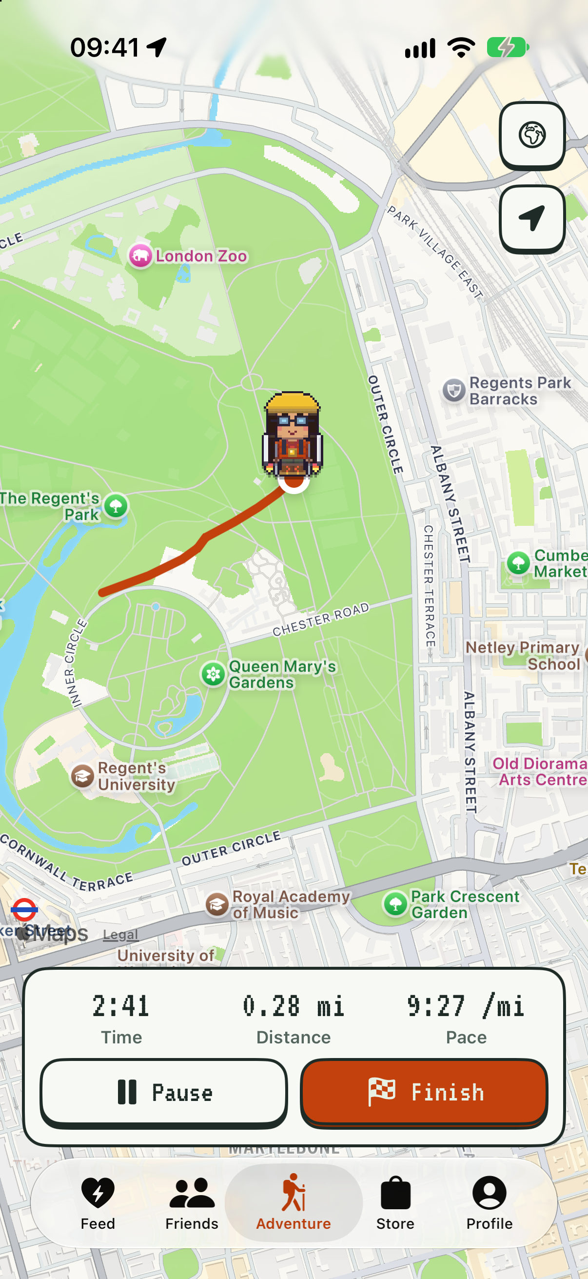 A live adventure with the route drawn on the map