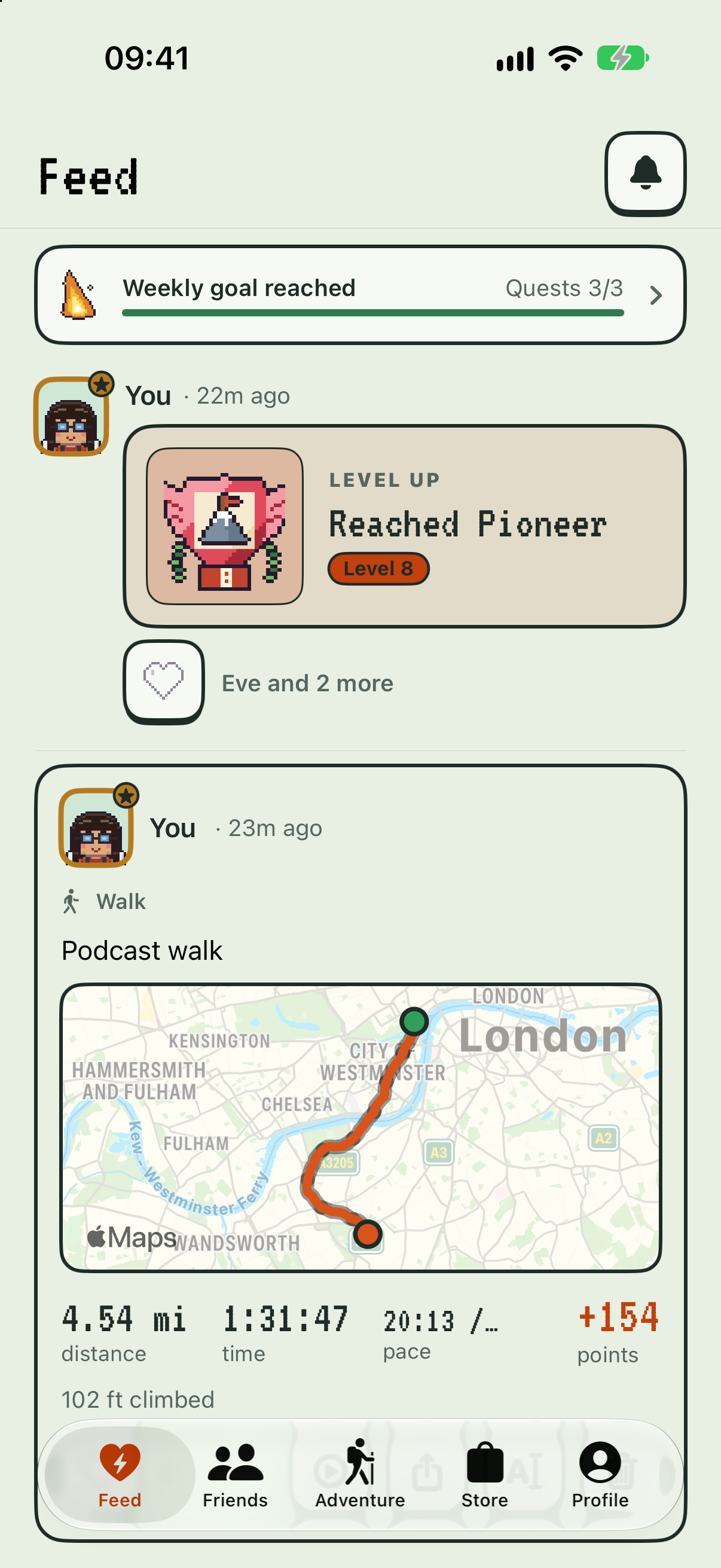 The PixelPath feed showing friends' adventures