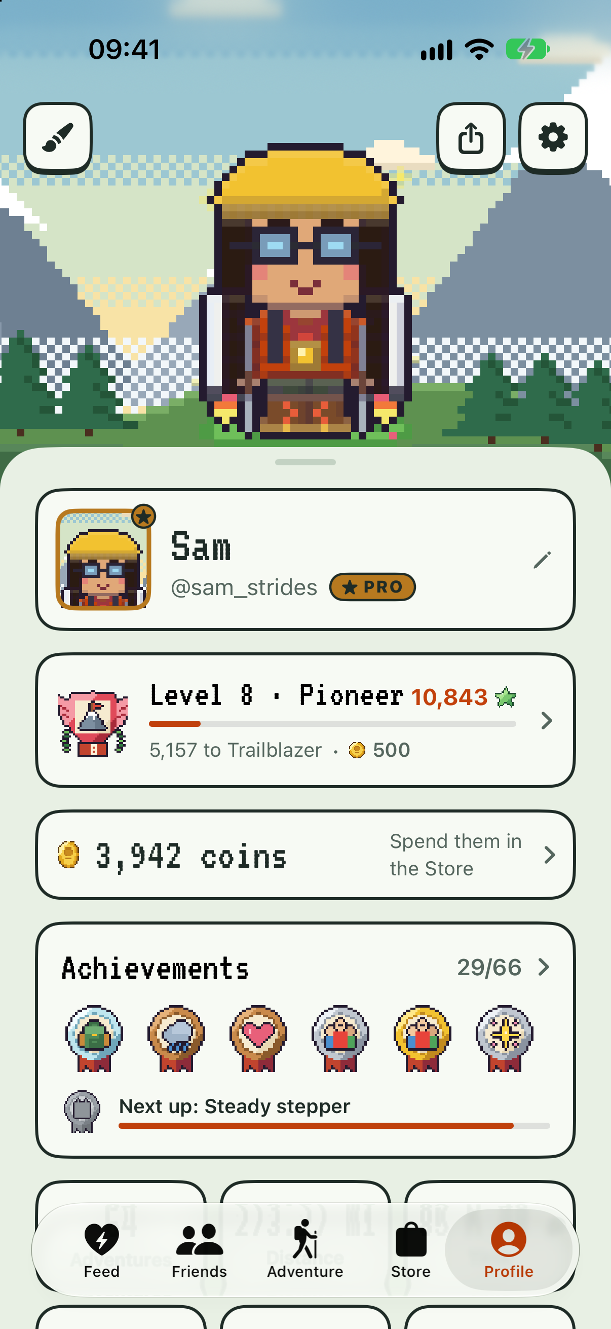 A PixelPath profile with an avatar, level and stats